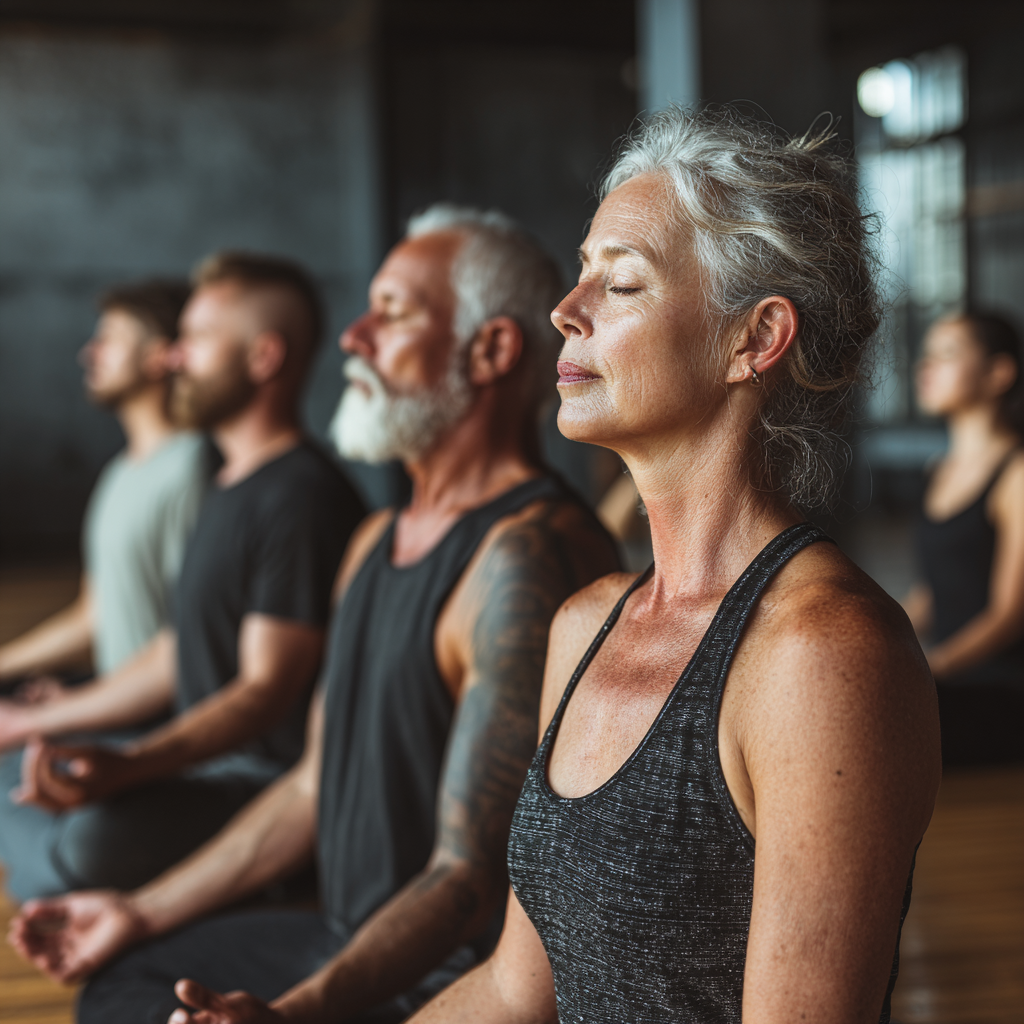 Group of diverse people in their 40s and 50s sitting in meditation pose in a peaceful yoga studio with soft natural lighting