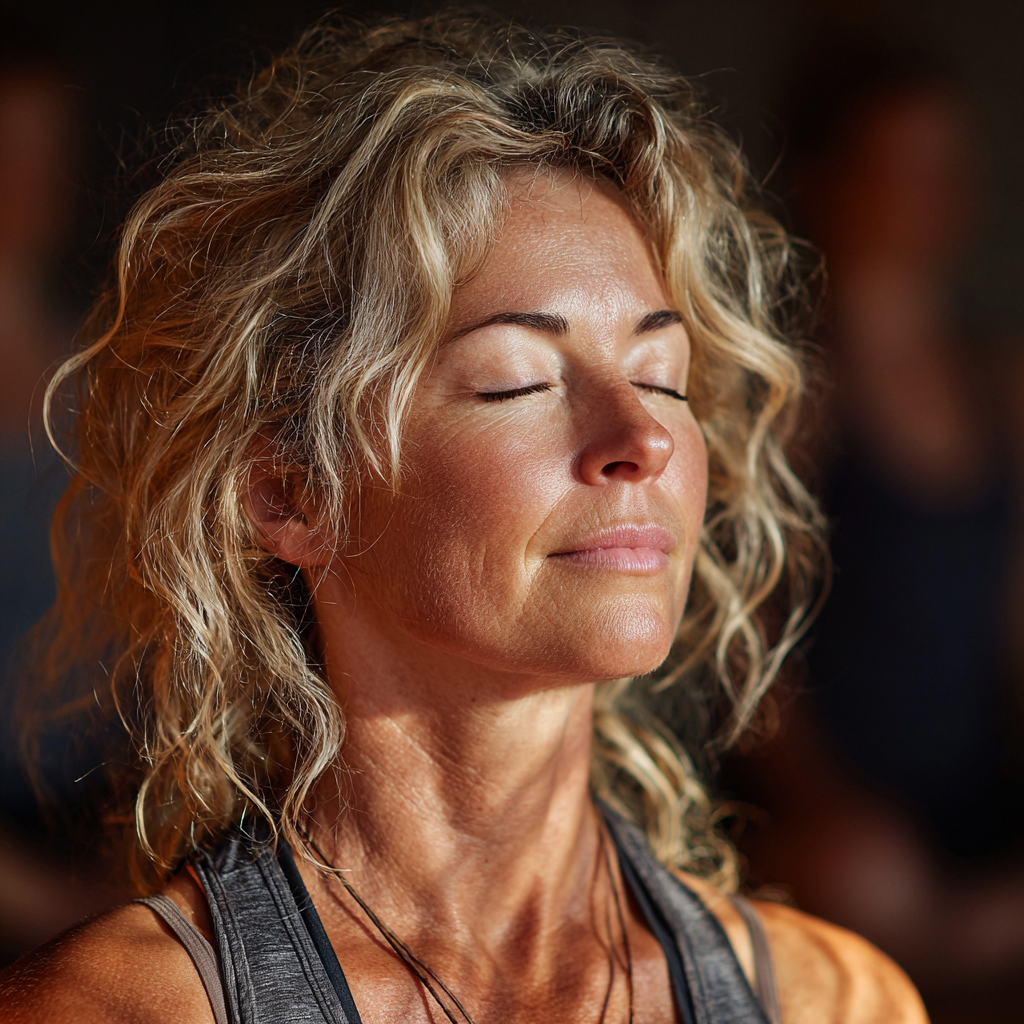 Peaceful middle-aged woman in her late 40s practicing yoga in a serene studio setting with natural lighting