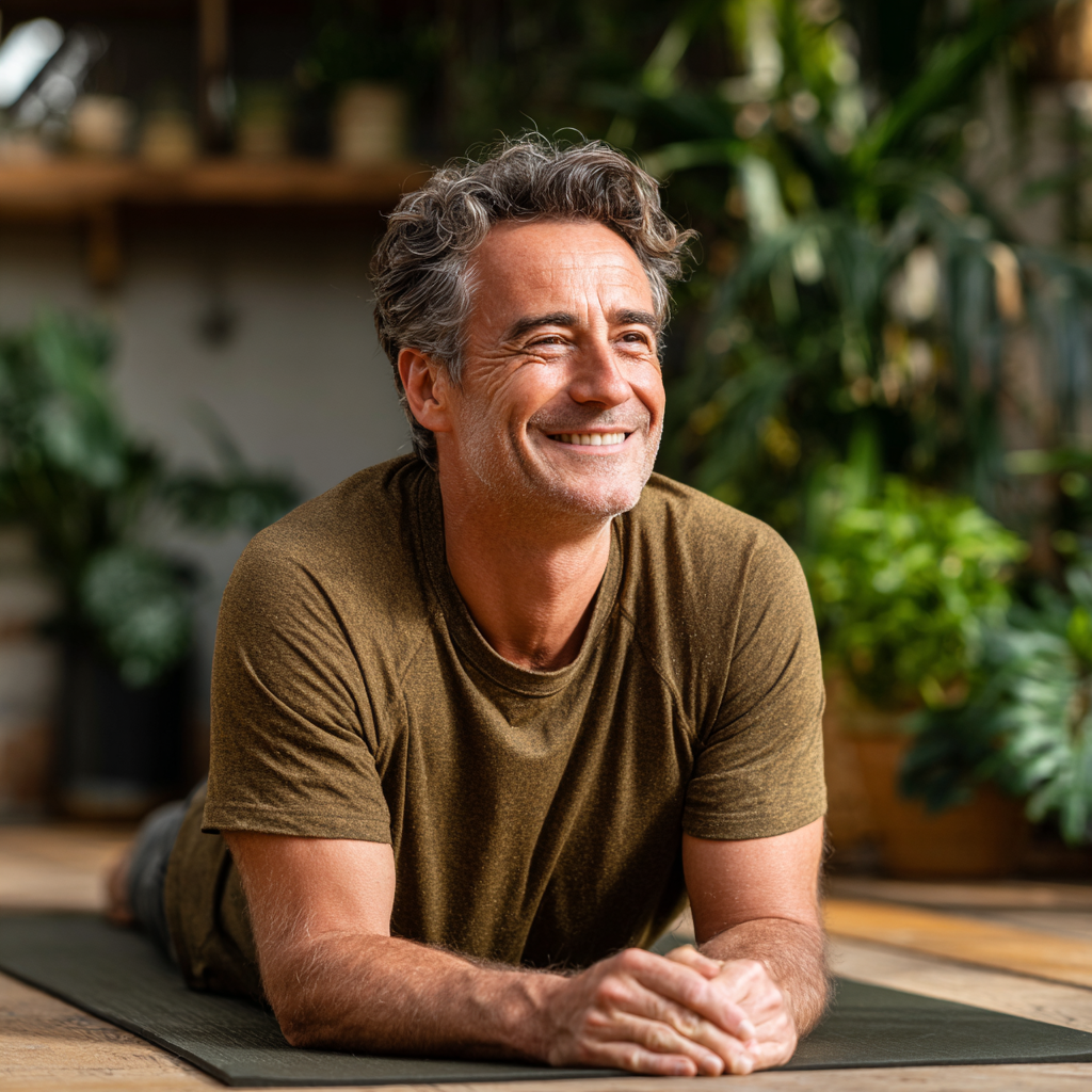 Smiling man in his early 50s practicing gentle yoga poses on a mat in a bright, airy studio with plants in the background